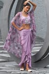 Buy_Chhavvi Aggarwal_Purple Bamberg Satin Print Floral Top Scoop Neck Cape And Skirt Set _at_Aza_Fashions