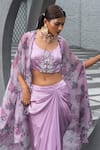 Buy_Chhavvi Aggarwal_Purple Bamberg Satin Print Floral Top Scoop Neck Cape And Skirt Set _Online_at_Aza_Fashions