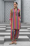 Buy_Chhavvi Aggarwal_Multi Color Crepe Print Stripe Collared Neck Shirt Kurta With Salwar_at_Aza_Fashions