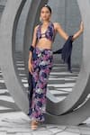 Buy_Chhavvi Aggarwal_Blue Crepe Print Floral Halter Neck Blouse And Bell Bottom Pant Set _at_Aza_Fashions