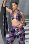 Chhavvi Aggarwal_Blue Crepe Print Floral Halter Neck Blouse And Bell Bottom Pant Set _Online_at_Aza_Fashions