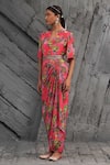 Buy_Chhavvi Aggarwal_Pink Crepe Printed And Embroidered Geometric Floral Notched Draped Dress _at_Aza_Fashions