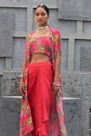 Chhavvi Aggarwal_Pink Bamberg Satin Printed And Embroidered Geometric Floral Cape Skirt Set _Online_at_Aza_Fashions