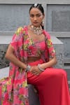 Buy_Chhavvi Aggarwal_Pink Bamberg Satin Printed And Embroidered Geometric Floral Cape Skirt Set _Online_at_Aza_Fashions