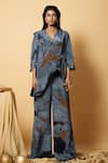 Buy_LABEL SHRISTI CHETANI_Blue Crepe Hand Embroidered Abstract V Neck Pattern Shirt And Pant Set _at_Aza_Fashions