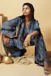 Shop_LABEL SHRISTI CHETANI_Blue Crepe Hand Embroidered Abstract V Neck Pattern Shirt And Pant Set _Online_at_Aza_Fashions