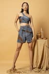 Buy_LABEL SHRISTI CHETANI_Blue Crepe Abstract One Shoulder Pattern Crop Top And Shorts Set _at_Aza_Fashions