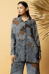 Shop_Label Shristi Chetani_Blue Crepe Embroidery Collared Abstract Pattern Shirt _at_Aza_Fashions