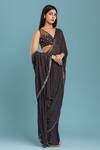 Buy_Raasa_Grey Georgette V Neck Embroidered Border Pre-draped Saree With Blouse _Online_at_Aza_Fashions