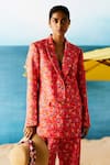 Raasa_Pink Crepe Printed Floral Lapel Collar Joyful Daisy Blazer And Pant Set _Online_at_Aza_Fashions