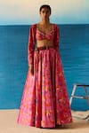 Buy_Raasa_Pink Silk Printed Floral Leaf Neck Joyful Daisy Lehenga Set  _at_Aza_Fashions