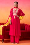 Buy_Seema Thukral_Pink Georgette Hand Embroidered Resham Thread Leaf Neck Kurta Pant Set_at_Aza_Fashions