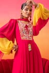 Shop_Seema Thukral_Pink Georgette Hand Embroidered Resham Thread Leaf Neck Kurta Pant Set_Online_at_Aza_Fashions