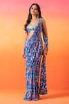 Buy_Seema Thukral_Blue Crepe Print Floral Scoop Neck Pre-stitched Saree With Blouse _at_Aza_Fashions