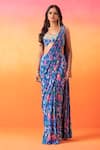 Buy_Seema Thukral_Blue Crepe Print Floral Scoop Neck Pre-stitched Saree With Blouse _Online_at_Aza_Fashions