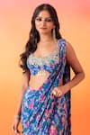 Shop_Seema Thukral_Blue Crepe Print Floral Scoop Neck Pre-stitched Saree With Blouse _Online_at_Aza_Fashions