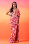 Buy_Seema Thukral_Pink Crepe Print Floral Sweetheart Neck Pre-stitched Bloom Saree With Blouse _at_Aza_Fashions