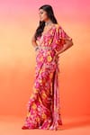 Shop_Seema Thukral_Pink Crepe Print Floral Sweetheart Neck Pre-stitched Bloom Saree With Blouse _Online_at_Aza_Fashions