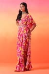 Seema Thukral_Pink Crepe Print Floral Sweetheart Neck Pre-stitched Bloom Saree With Blouse _at_Aza_Fashions