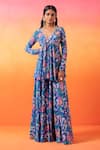 Buy_Seema Thukral_Blue Crepe Print Floral V Neck Tunic With Sharara _at_Aza_Fashions