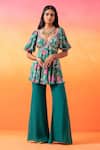 Buy_Seema Thukral_Green Top Printed Crepe Floral V Neck Short Tunic With Flared Pant_at_Aza_Fashions