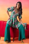 Seema Thukral_Green Top Printed Crepe Floral V Neck Short Tunic With Flared Pant_Online_at_Aza_Fashions