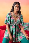 Shop_Seema Thukral_Green Top Printed Crepe Floral V Neck Short Tunic With Flared Pant_Online_at_Aza_Fashions