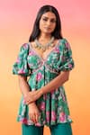 Seema Thukral_Green Top Printed Crepe Floral V Neck Short Tunic With Flared Pant_at_Aza_Fashions