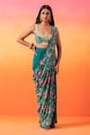 Buy_Seema Thukral_Green Blouse And Pallu Printed Crepe Floral Pre-stitched & Skirt Set _at_Aza_Fashions