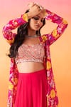 Shop_Seema Thukral_Pink Blouse And Pant Georgette Print Floral Blouse Sweetheart Neck Jacket & Set _Online_at_Aza_Fashions