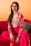 Seema Thukral_Pink Blouse And Pant Georgette Print Floral Blouse Sweetheart Neck Jacket & Set _at_Aza_Fashions