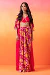 Seema Thukral_Pink Blouse Georgette Print Floral Blouse V Neck Cape And Skirt Set_Online_at_Aza_Fashions
