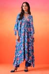 Buy_Seema Thukral_Blue Kaftan Printed Crepe Floral V Neck With Pant _at_Aza_Fashions