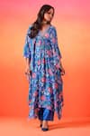 Seema Thukral_Blue Kaftan Printed Crepe Floral V Neck With Pant _Online_at_Aza_Fashions