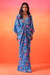 Buy_Seema Thukral_Blue Crepe Print Floral V Neck Draped Kaftan _at_Aza_Fashions