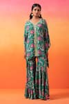 Buy_Seema Thukral_Green Crepe Print Floral V Neck Flower Kaftan With Gharara _at_Aza_Fashions