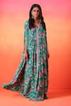 Buy_Seema Thukral_Green Crepe Print Floral V Neck Flower Kaftan _at_Aza_Fashions