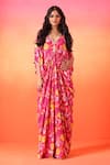 Buy_Seema Thukral_Pink Crepe Print Floral V Neck Flower Bloom Kaftan _at_Aza_Fashions