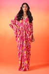 Buy_Seema Thukral_Pink Crepe Print Floral V Neck Flower Bloom Kaftan _Online_at_Aza_Fashions