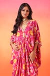 Shop_Seema Thukral_Pink Crepe Print Floral V Neck Flower Bloom Kaftan _at_Aza_Fashions