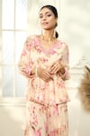 Buy_Aariyana Couture_Multi Color Viscose Georgette Printed Floral V Peplum Tunic And Flared Pant Set 