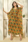 Buy_Aariyana Couture_Multi Color Kaftan Viscose Georgette Printed Tropical Patterns V Neck With Belt _at_Aza_Fashions