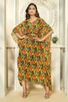 Buy_Aariyana Couture_Multi Color Kaftan Viscose Georgette Printed Tropical Patterns V Neck With Belt _Online_at_Aza_Fashions