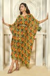 Shop_Aariyana Couture_Multi Color Kaftan Viscose Georgette Printed Tropical Patterns V Neck With Belt _Online_at_Aza_Fashions