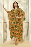 Aariyana Couture_Multi Color Kaftan Viscose Georgette Printed Tropical Patterns V Neck With Belt _at_Aza_Fashions