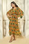 Buy_Aariyana Couture_Multi Color Kaftan Viscose Georgette Printed Tropical Patterns V Neck With Belt 