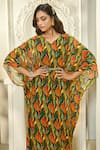 Shop_Aariyana Couture_Multi Color Kaftan Viscose Georgette Printed Tropical Patterns V Neck With Belt _at_Aza_Fashions