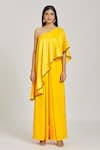 Samyukta Singhania_Yellow Kaftan Top Raw Silk Embroidery Aari Hand Work With Flared Pant _at_Aza_Fashions