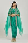 Buy_Samyukta Singhania_Green Crop Top Raw Silk Embroidery Zardozi And Damask Draped Skirt Cape Set _at_Aza_Fashions