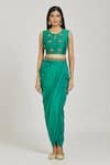 Samyukta Singhania_Green Crop Top Raw Silk Embroidery Zardozi And Damask Draped Skirt Cape Set _Online_at_Aza_Fashions